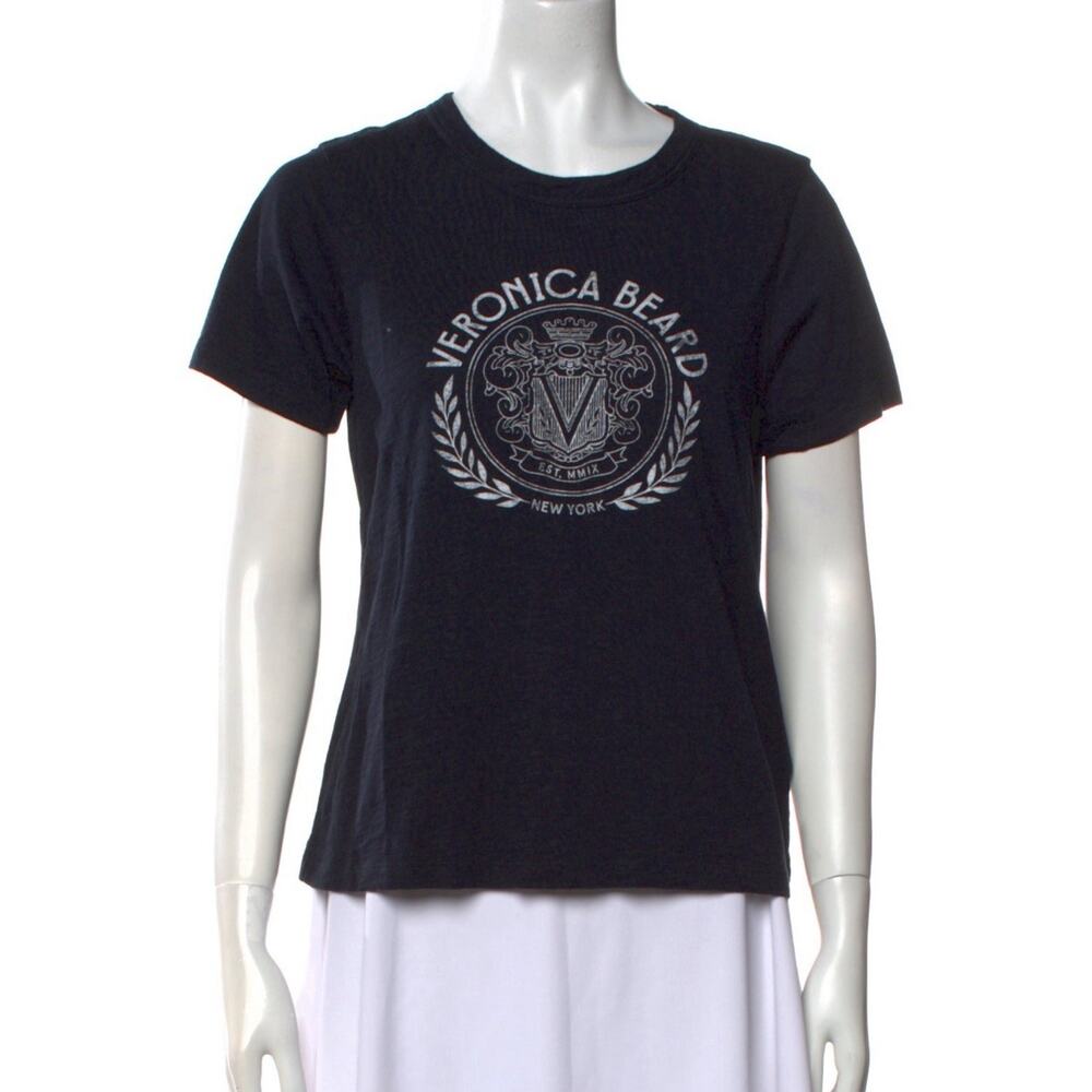 Veronica Beard T-shirt navy Blue Logo crest Top Size small pima cotton graphic